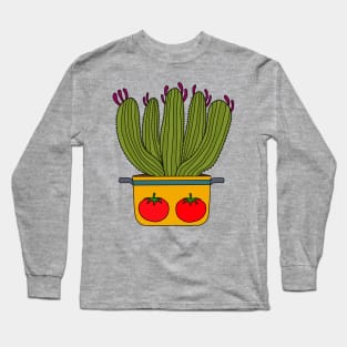 Cute Cactus Design #156: Saguaro Cacti In A Pot With Tomato Design Long Sleeve T-Shirt